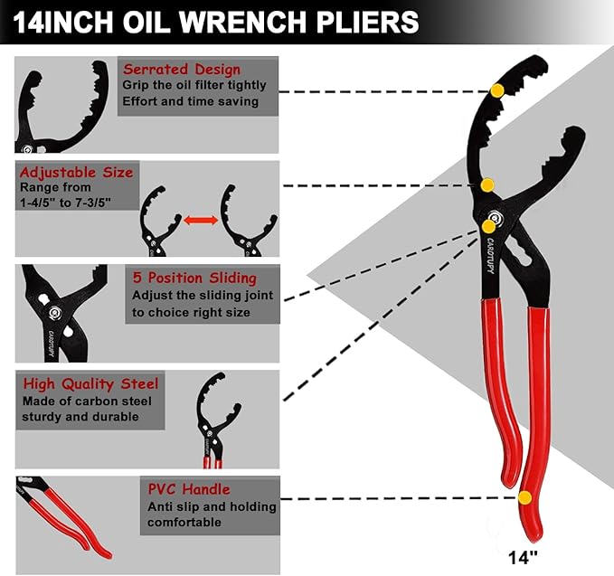 5Pcs Adjustable Oil Filter Pliers Set, Universal Oil Filter Removal Tool with Small Oil Funnel, 10" & 12" & 14" & 16" Oil Fliter Wrench From 1-1/4" to 8-1/2"
