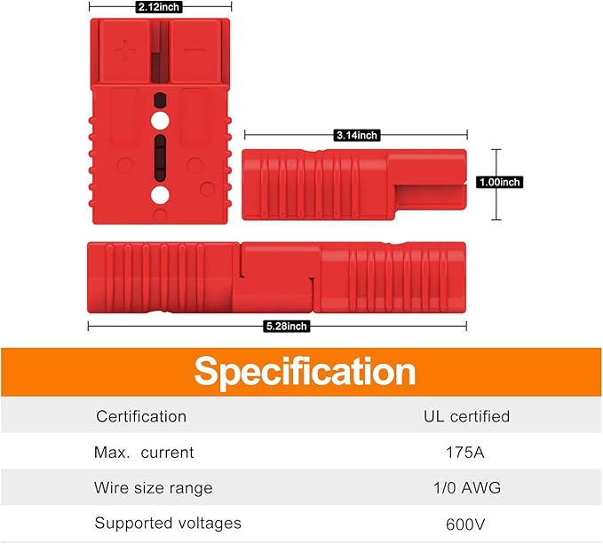 175A Connector Quick Connect Disconnect Genderless Battery Plug Connector 1/0 AWG for 2 Pack Red Suitable for Car Trailer Motor Winch Forklift