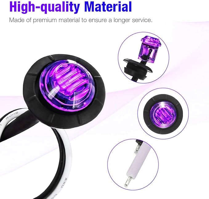 KEING 10 Pack Sealed Waterproof Mini Round 3/4 Inch Purple LED Marker Lights Signal Light 12V for Trailer Truck Bus Pickup Van ATV RV Lorry Caravan, 5 Years Warranty