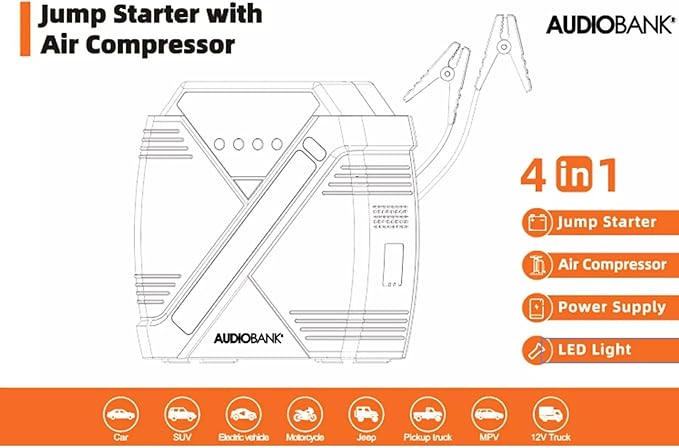 Audiobank A12 Multifunction 1500A Jump Starter with Air Compressor, 12000mAh Power Bank, 3A USB Charging, LED Flashlight, Compact Design for Cars, SUVs, Motorcycles, and Inflatable Items