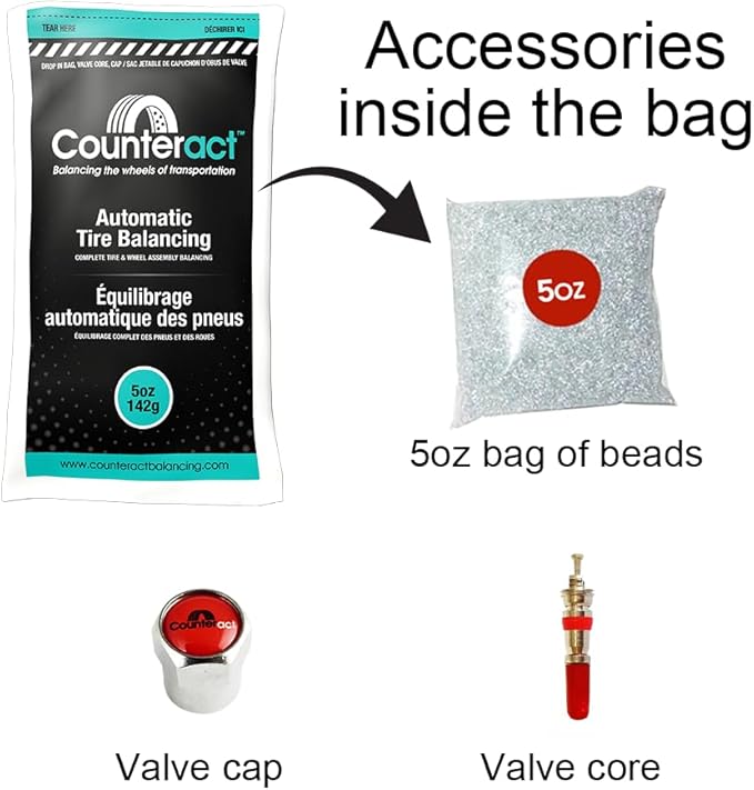 Counteract DIYK-5 Do It Yourself Tire/Wheel Balancing Beads Kit - Off -Road, Light Duty Truck Tires, (4) 5oz DIY Bead Bags, (4) Valve Caps and Cores, (1) Core Remover, Injector Bottle