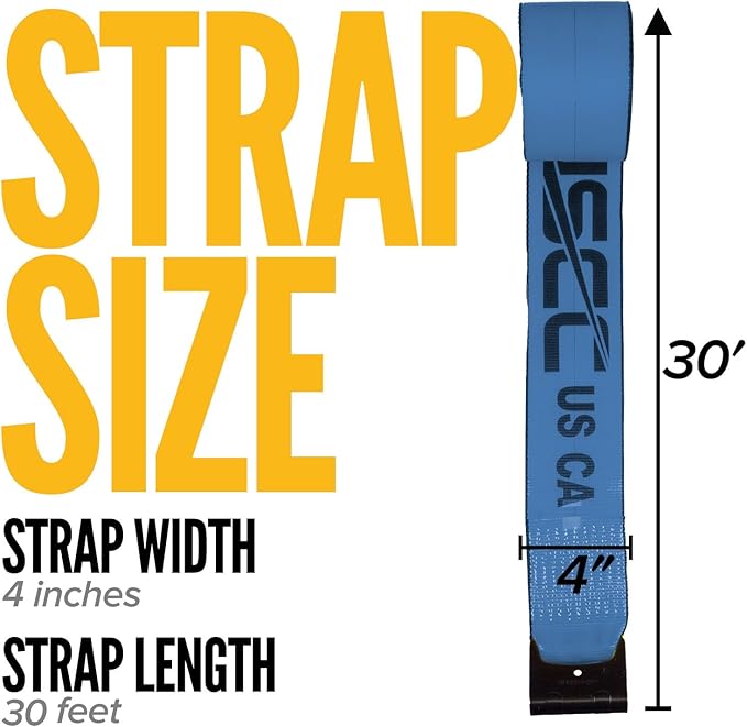 US Cargo Control Winch Straps 4" x 30' (4-Pack), 5,400 LBS Working Load Limit, Heavy Duty Flatbed Tie Downs with Flat Hooks, Blue 4 Inch Straps for Flatbed Trailer, Truck, and Cargo Securement