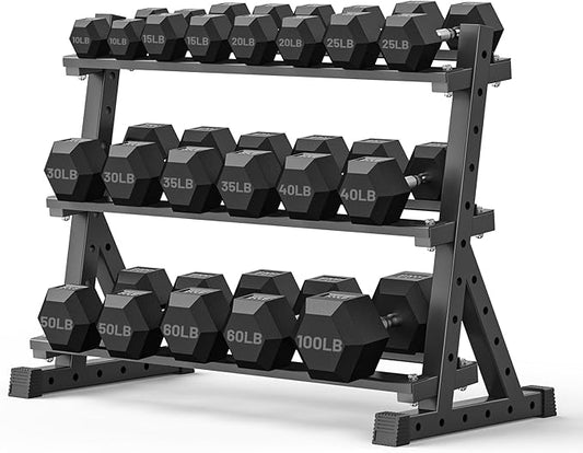 PAPABABE Hex Dumbbell Set with Rack, Rubber Encased Free Weight with Weight Storage Racks, Multiple Weight Options for Home Gym and Fitness