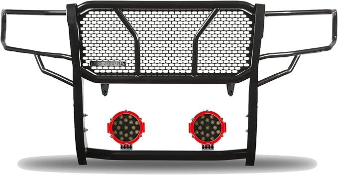 Black Horse RUGGED HD Grille Brush Bumper Guard Modular Black Come With pair of 7.0"LED Lights with Red Trim Rings Compatible with 2019-2025 Dodge Sprinter-Benz Sprinter 1500/2500/3500-RU-DOSP19-B-PLR