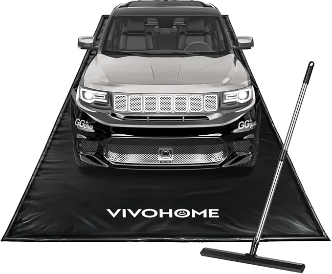 VIVOHOME Containment Mat (7'9" x 16') with Stay Put Corner, PVC Garage Floor Mats, Heavy Duty Garage Parking Mat with a Squeegee,Black