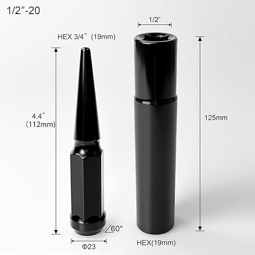 1/2-20 Spiked Lug Nuts, 3/4" Hex Closed End Nut with 1 Socket Key, Wheel Spiked Lug Nuts for Grand Cherokee, Cherokee, Liberty, Wrangler,Fit for Aftermarket Wheel (24Pcs,Black)