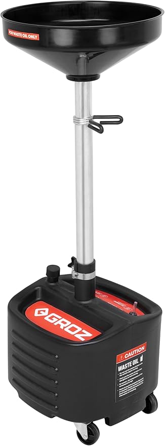 Groz 8 Gallon Waste Oil Drain Pan - Wheeled, Adjustable Height, Spill-Proof Design, Tool Storage (44605)