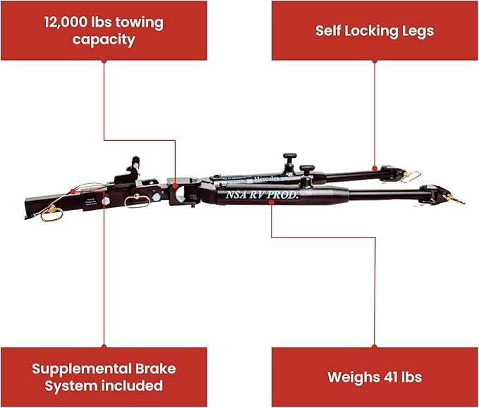 NSA RV - Hercules 12K Tow Bar w/Integrated ReadyBrake Surge System - 12,000 lbs Capacity, All-in-One, Made in USA