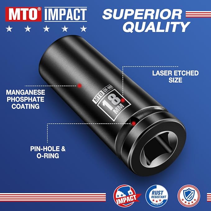 MTO 1/2" Drive 18mm Deep Impact Socket, 6 Pt. Metric Socket, CR-MO Steel & Anti-Corrosion Coating for Heavy-Duty Use
