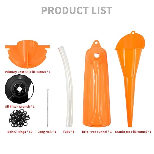 HDBUBALUS Oil Change Kit for Harley Tool Primary Case Funnel + Crankcase Fill Funnels + Oil Filter Cap Wrench + Drip-Free Oil-Filter Set (Oil Funnel Set w/ 50pcs O Rings)
