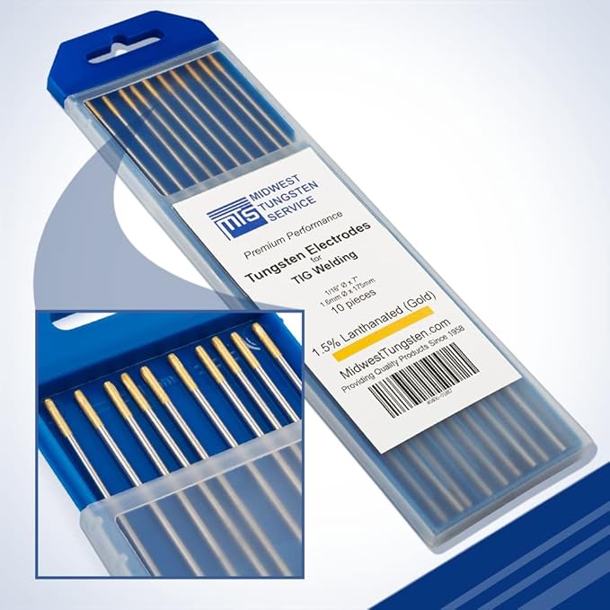 Midwest Tungsten Service TIG Welding Tungsten Electrodes 10-Pack (Gold - 1.5% Lanthanated Tungsten (WL15/EWLa-1.5), 1/16")