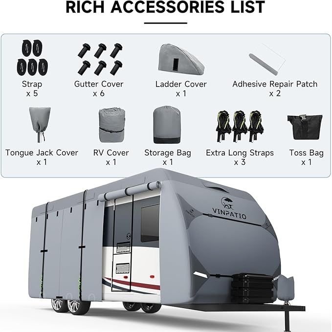 RV Cover, 7 Layers Heavy Duty Travel Trailer Cover, Toy Hauler Cover Fits 30'-33' RV, Camper Cover with Tongue Jack Cover, Extra Windproof Straps