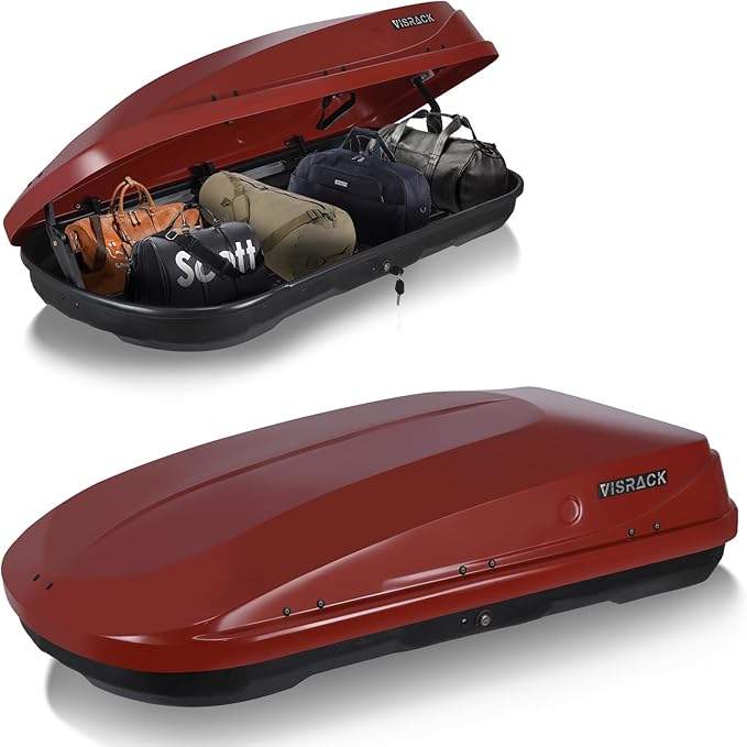Red Rooftop Cargo Box Carrier Large 13 Cubic Feet Car Top Mount Travel Luggage Storage, Dual Side Opening, Roof Cargo Boxes Waterproof Rooftop Storage Box Extra Keys, Straps