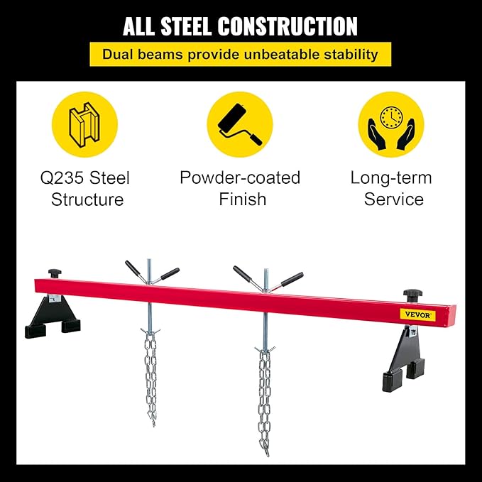 VEVOR Engine Support Bar 1100 Lbs Capacity Engine Transverse Bar Engine Hoist 2 Point Lift Holder Hoist Dual Hooks, Engine Hoist Keeps Engine Stable for Home Garages & Auto Repair Shop