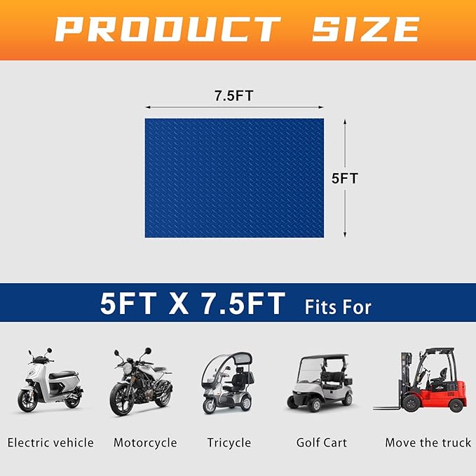 Boshen 5x7.5FT Garage Floor Mat, 2.5mm Thickened Diamond Plate PVC Rubber & Vinyl Flooring Roll, 37.5 SQFT Non-Slip Rubber Garage Mat for Floor Under Car Protection - Blue