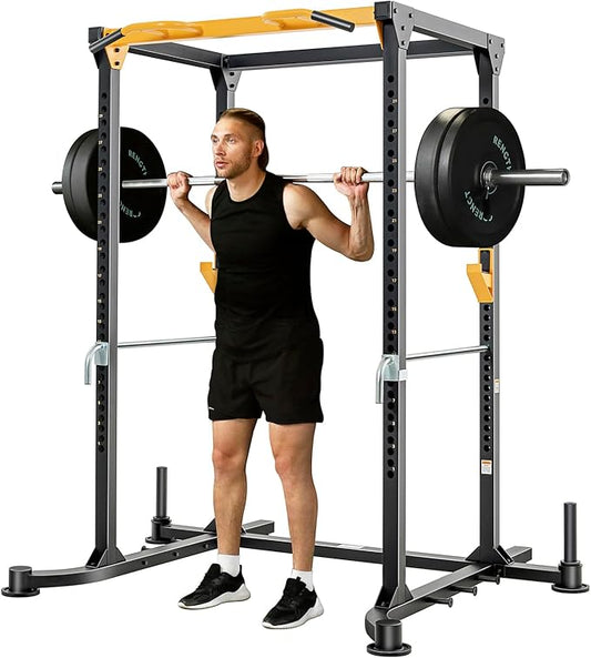 Squat Rack Power Cage, 82" Large Squat Stand Rack 2000lbs Capacity, Stable and Durable Power Rack with Pull-Up Bar, Heavy Duty Adjustable Power Cage with Weight Plate Storage Attachment for Home Gym