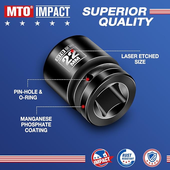 MTO 1/2" Drive 22mm Shallow Impact Socket, 6-Point Metric Socket, CR-MO Steel & Anti-Corrosion Coating for Tight Spaces and Heavy-Duty Tasks
