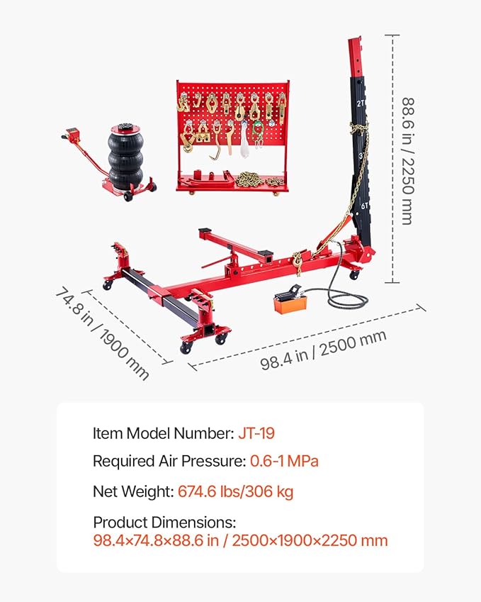 VEVOR Auto Body Frame Puller Straightener, 6T Tension Car Body Repair Equipment with 3T Airbag Jack & 6000PSI Hydraulic Foot Pump, Include 16 Straightening Tools, for Auto Repair Shop Sedan SUV Pickup