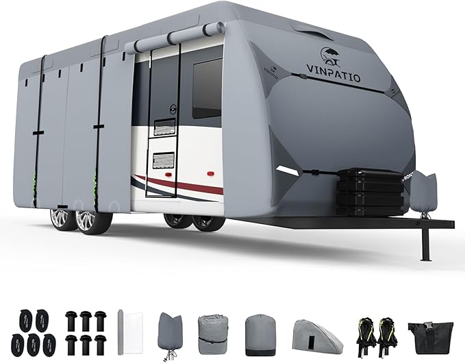 VINPATIO Heavy Duty RV & Trailer Cover - 7 Layers, Fits 20'-22' Travel Trailer, Toy Hauler & Camper Cover with Tongue Jack Protection, Windproof Straps & Gutter Covers