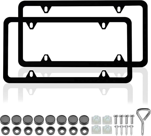 Matte Black License Plate Frames - 2 Pack Black Car Plate Frames, Universal Aluminum 4 Holes License Plate Frame for Front and Rear Car Tags.