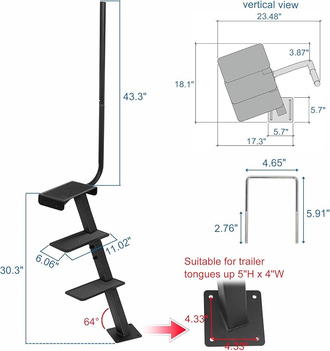Boat Trailer Step, Heavy Duty Steel 3 Steps Ladder for Boat Trailer Tongue with Left or Right Adjustable Handrail, 450lbs Capacity, Black