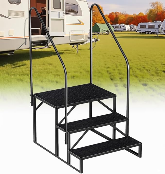 RV Steps with 2 Handrails, 3 Step RV Stairs 660lbs Load Capacity, Heavy Duty Camper Steps with Wide & Anti-Slip Platform, Portable Outdoor Metal Entry Stairs for Hot Tub, Mobile Home, Travel Trailers