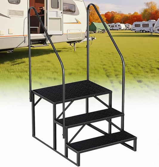 RV Steps with 2 Handrails, 3 Step RV Stairs 660lbs Load Capacity, Heavy Duty Camper Steps with Wide & Anti-Slip Platform, Portable Outdoor Metal Entry Stairs for Hot Tub, Mobile Home, Travel Trailers