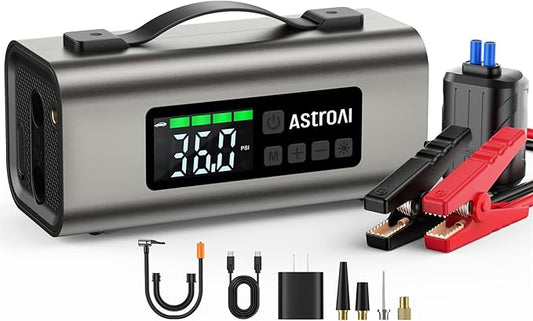 AstroAI Portable Jump Starter with Air Compressor 150PSI, 2500A Car Battery Jump Starter Pack Up to 7.5L Gas & 5.0L Diesel Engine, UL Certified, 12V Jump Box Car Battery with LCD Display, Lights