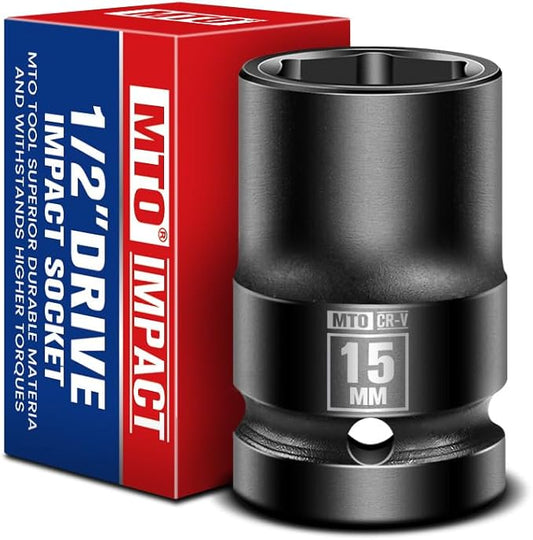 MTO 1/2" Drive 15mm Shallow Impact Socket, 6-Point Metric Socket for Automotive Maintaince, CR-V Steel Meets ANSI Standards