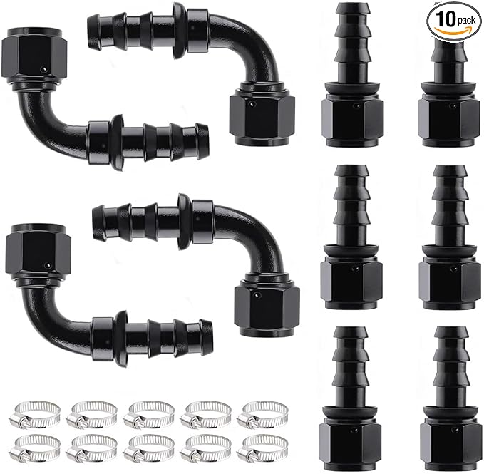 10AN Push Lock Hose Fitting End Kit Straight and 90 Degree Elbow Black Ends with Hose Clamps for Rubber Fuel Line 10PCS