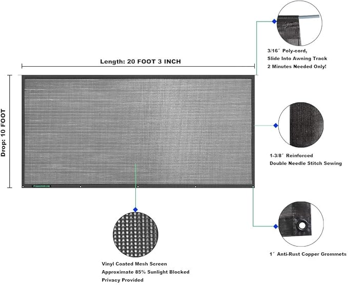 Tentproinc RV Awning Sunshade Screen 10' X 20' 3'' (Fit for 21' Awning) Mesh Sun Shade UV Block Front Glare Motorhome Camping Trailer Awning Shadescreen Sunscreen - 3 Year Warranty (Black)