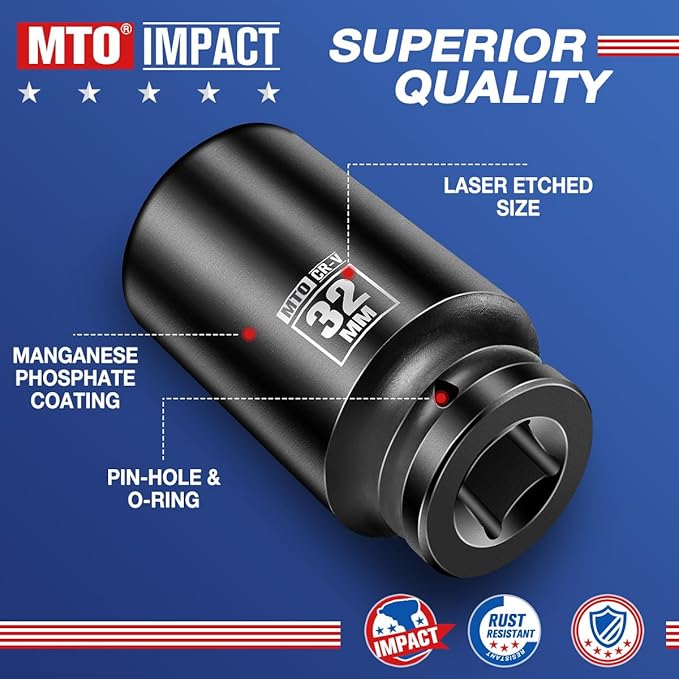 MTO 1/2" Drive 32mm Deep Impact Socket, 6-Point Metric Socket for Automotive Maintaince, CR-V Steel Meets ANSI Standards