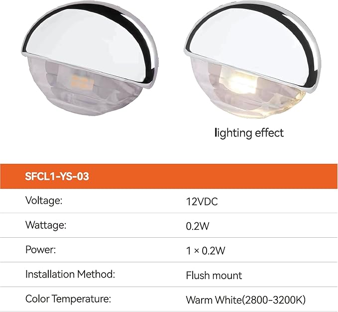 SEAFLO 04 Series LED Oblong Courtesy Light – Warm White, 12V, 0.2W, IP67, Compact Flush Mount Marine Step/Deck Accent Light for Boat/RV/Caravan, Durable PC Housing, 1.78”x1.25”x0.81”, 4-Year Warranty