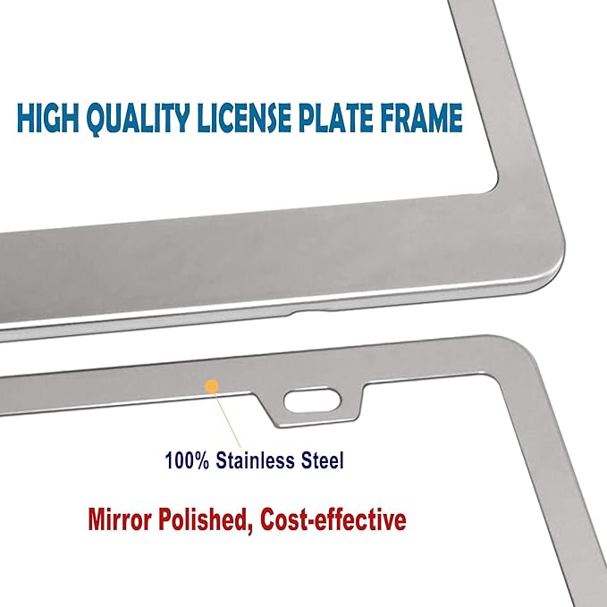 BGGTMO Stainless Steel License Plate Frames- Heavy Duty Metal Car Tag Cover for Front & Rear, 2 Pack Slim Holders with Chrome Screws Caps for Women/Men, Rust/Rattle Proof Pads, Tire Valve Stem Caps