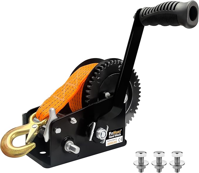 Boat Trailer Winch 3500lbs, Heavy Duty Hand Winch with 33FT Polyester Strap, 4:1/8:1 Gear Portable Winch with Hook, 2 Way Ratchet Manual Winch for Boat, Jet Ski, Truck-Includes Installation Screws