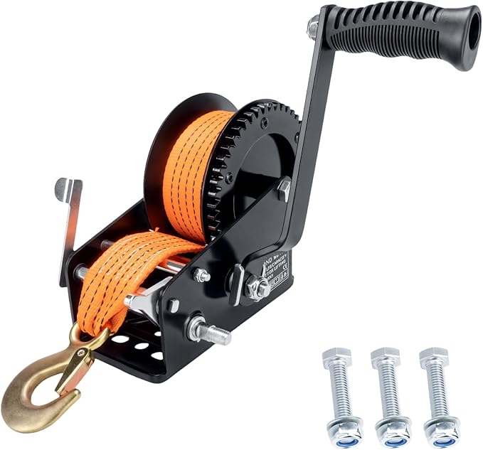 3500LBS Heavy Duty Boat Trailer Winch with 32FT Strap, 2-Way Ratchet, 4:1/8:1 Gear Trailer Winch, Portable Hand Crank for Boat, Truck, Trailer, RV, ATV, Jet Ski(3500lbs Orange Strap Winch)
