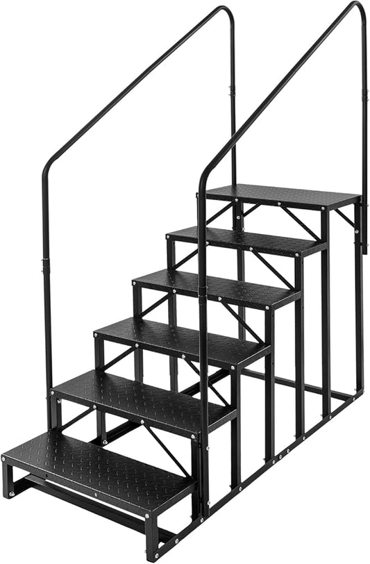 6-Step RV Steps with Handrail, Heavy Duty Carbon Steel Freestanding Outdoor Stairs for RV Camper Mobile Home Pool Hot Tub, Portable Staircase (6 Steps)