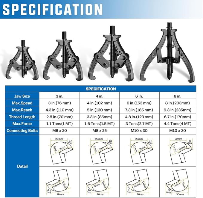3'' 4'' 6'' 8'' Gear Puller Set, 3 Jaw Bearing Puller with Reversible Jaws, 2 Jaw / 3 Jaw Pulley Puller Tool for Pulley Gear Bearing Flywheel Removal, 4pcs Gear Extractor Tool 1.1t/1.6t/3.0t/4.4t