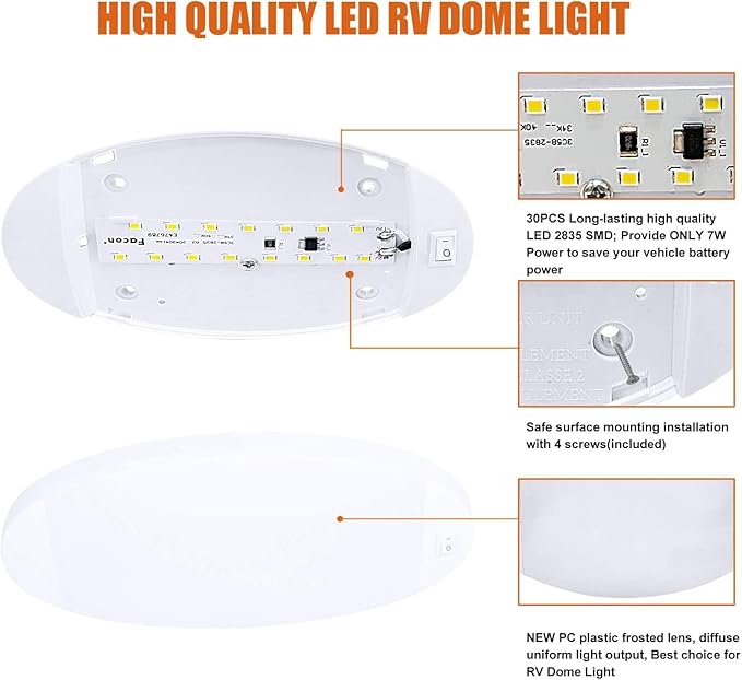Facon 12V LED RV Dome Light with Switch, Length: 9-1/4'', DDS01-608-CW, Large Oval Pancake Interior Lighting Fixture for RV Motorhomes Camper Caravan Trailer Boat