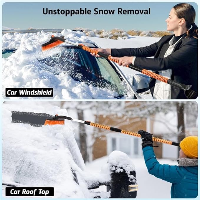 EcoNour 63" Extendable Snow Brush & Ice Scraper with 360° Pivoting Head | Telescopic Aluminum Handle | Extra Long Snow Brush for Car Windshield, Roof & SUVs | Heavy Duty Ice Scraper for Trucks