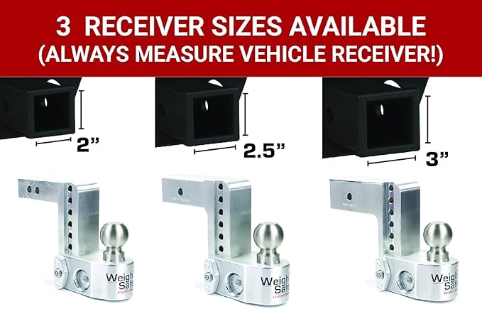 Weigh Safe Aluminum Adjustable Trailer Hitch - Towing Hitch with Built-In Tongue Weight Scale - Compatible with 2.5" Receivers - 8" Drop, Stainless Steel Tow Balls, 18,500 GTW, 1-Piece Lock Set