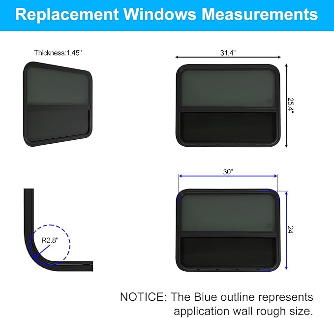 42" W x 22" H RV Window Horizontal Sliding, DOT Certified - Shatterproof Tempered Tinted Glass, with Net Screen and Trim Ring, Teardrop Replacement Trailer Camper Window