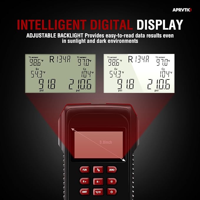 Digital HVAC Gauge, Aprvtio AMF-300 AC Manifold Gauge Set with 3000PSI Hoses and 2 Wired Temperature Clamp Probes, Refrigerant Gauges for Automotive HVAC System HVAC Tools Kit R134a R22 R12