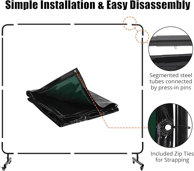 3 Panel 8x6 FT Vinyl Welding Screen with Frame, Flame-Resistant PVC Welding Curtain with Lockable Swivel Wheels, Transparent Welding Screen Panel for Welding Safety, Green