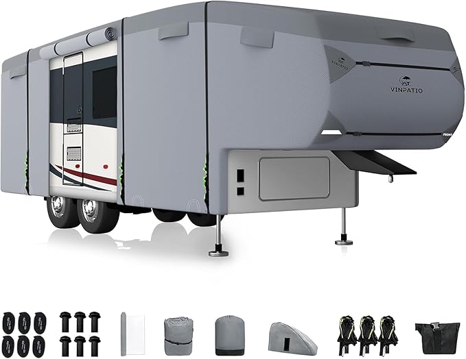5th Wheel Cover Fits 34'-37': Extra-Thick 7 Layers Top, Heavy Duty Anti-UV Waterproof Fifth Wheel RV Cover, with 2 Pcs Windproof Extra Straps
