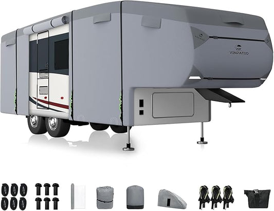 5th Wheel Cover Fits 34'-37': Extra-Thick 7 Layers Top, Heavy Duty Anti-UV Waterproof Fifth Wheel RV Cover, with 2 Pcs Windproof Extra Straps