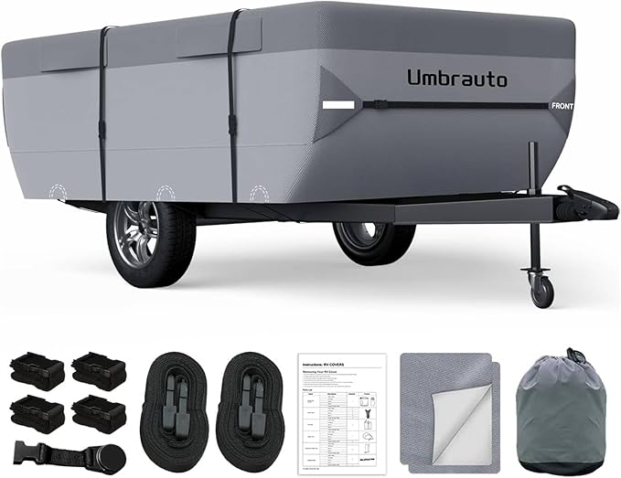 Umbrauto Pop-Up Camper Covers Fits 14-16ft Tent Trailer: 7 Layers Top Pop Up Trailer Cover Waterproof, Breathable Ripstop Sun Block, with Gutter Covers, Windproof Straps