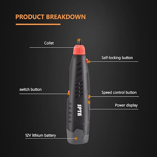 Cordless Rotary Tool, SPTA Cordless Mini Car Polisher, 36Pcs 12V Li-ion Battery IVT 5,000-25,000 RPM Small Buffer Polisher Polishing Foam Pad Set for Polishing Sanding