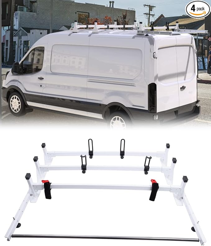 Cargo Van Roof Ladder Rack Fit for 2015-2025 Ford Transit 150 250 350 with Rear Cargo Roller 800LB Steel White