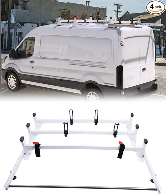 Cargo Van Roof Ladder Rack Fit for 2015-2025 Ford Transit 150 250 350 with Rear Cargo Roller 800LB Steel White